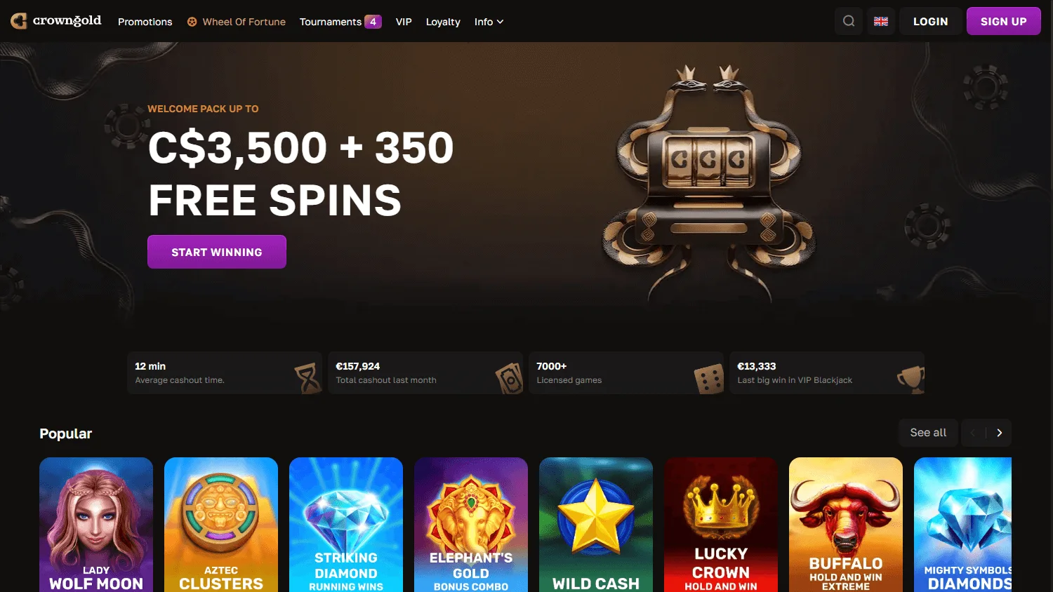Crowngold Casino desktop home interface