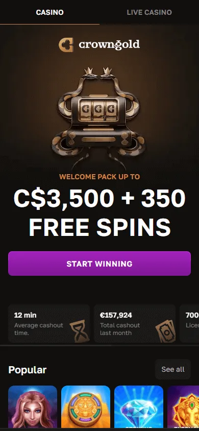 Crowngold Casino mobile browser home interface