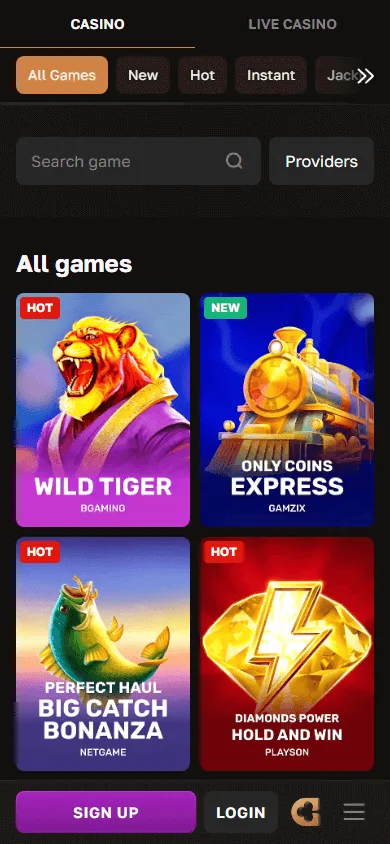 Crowngold Casino mobile games interface