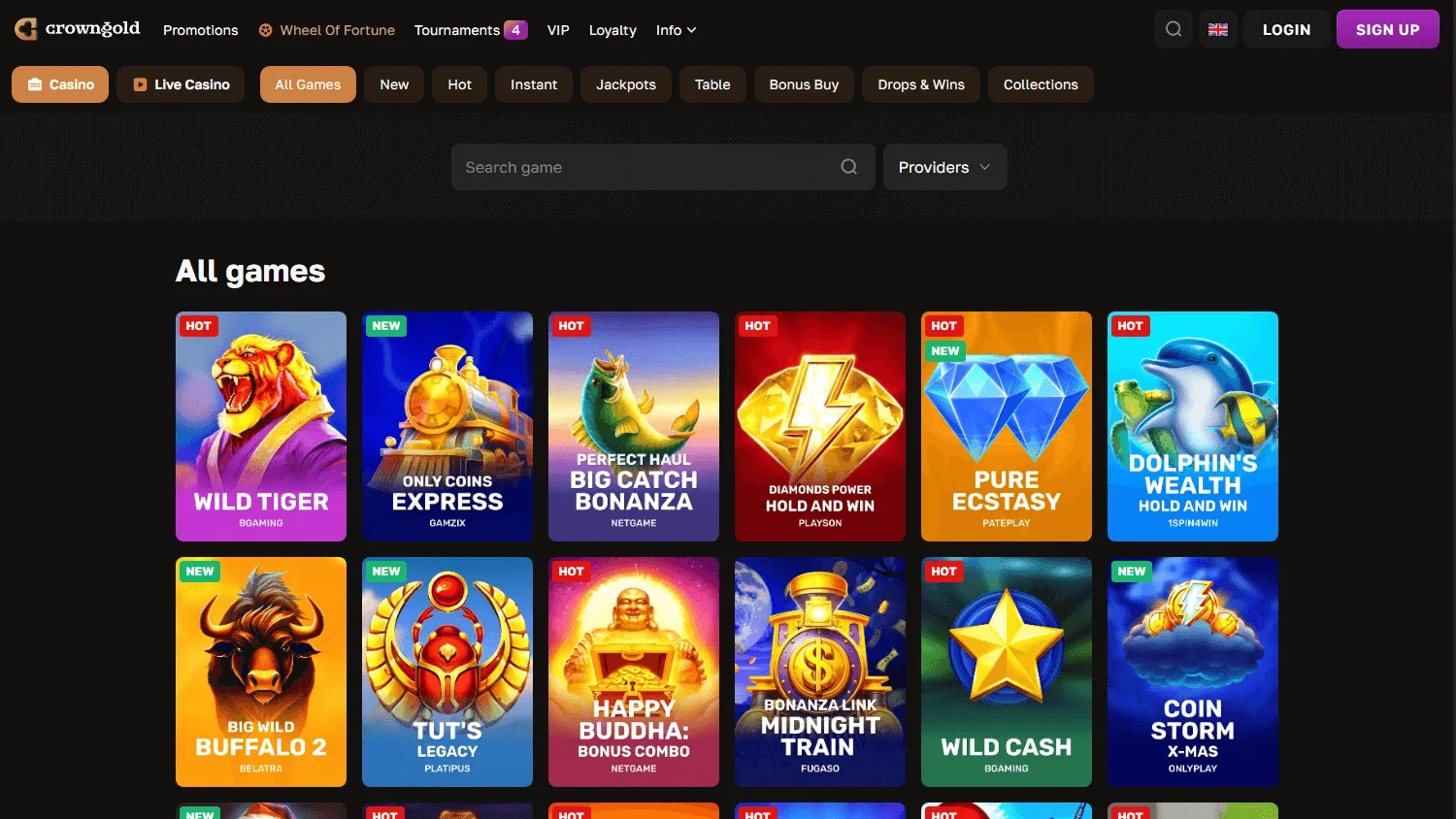 Crowngold Casino desktop games interface